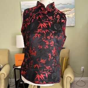 Vintage Cheongsam Top Mandarin Collar Brocade Black & Red M/L Traditional